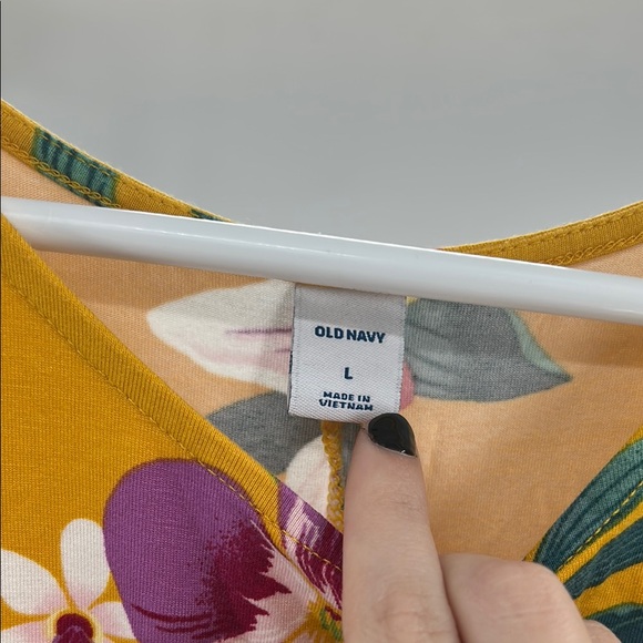 Old Navy Floral Mini swing Dress Yellow Purple L floral viscose tropical summer - Picture 5 of 11